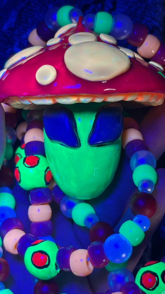 Red Cap Alien Shroomie Stash Jar Necklace (+Custom Beads)
