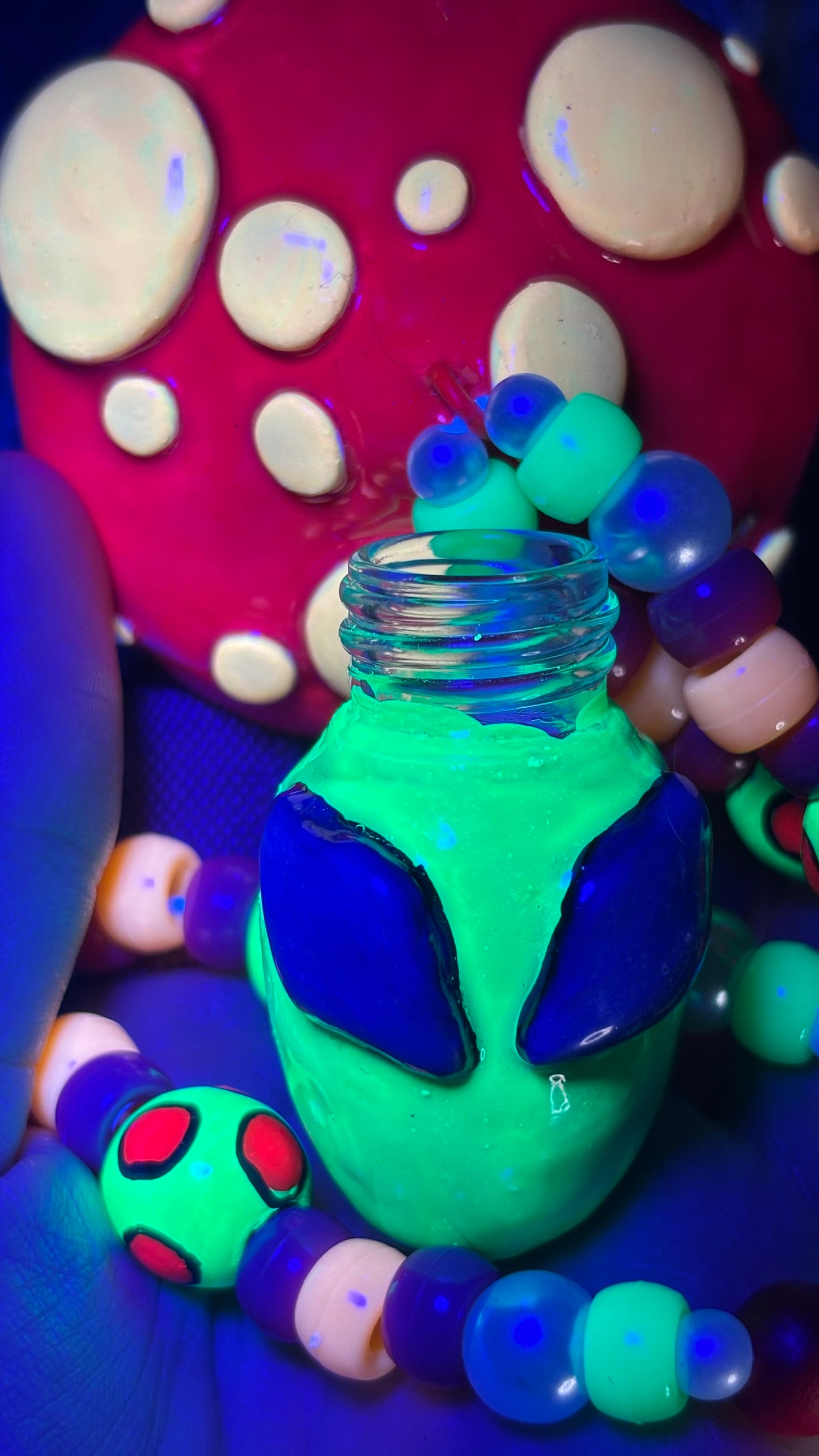 Red Cap Alien Shroomie Stash Jar Necklace (+Custom Beads)