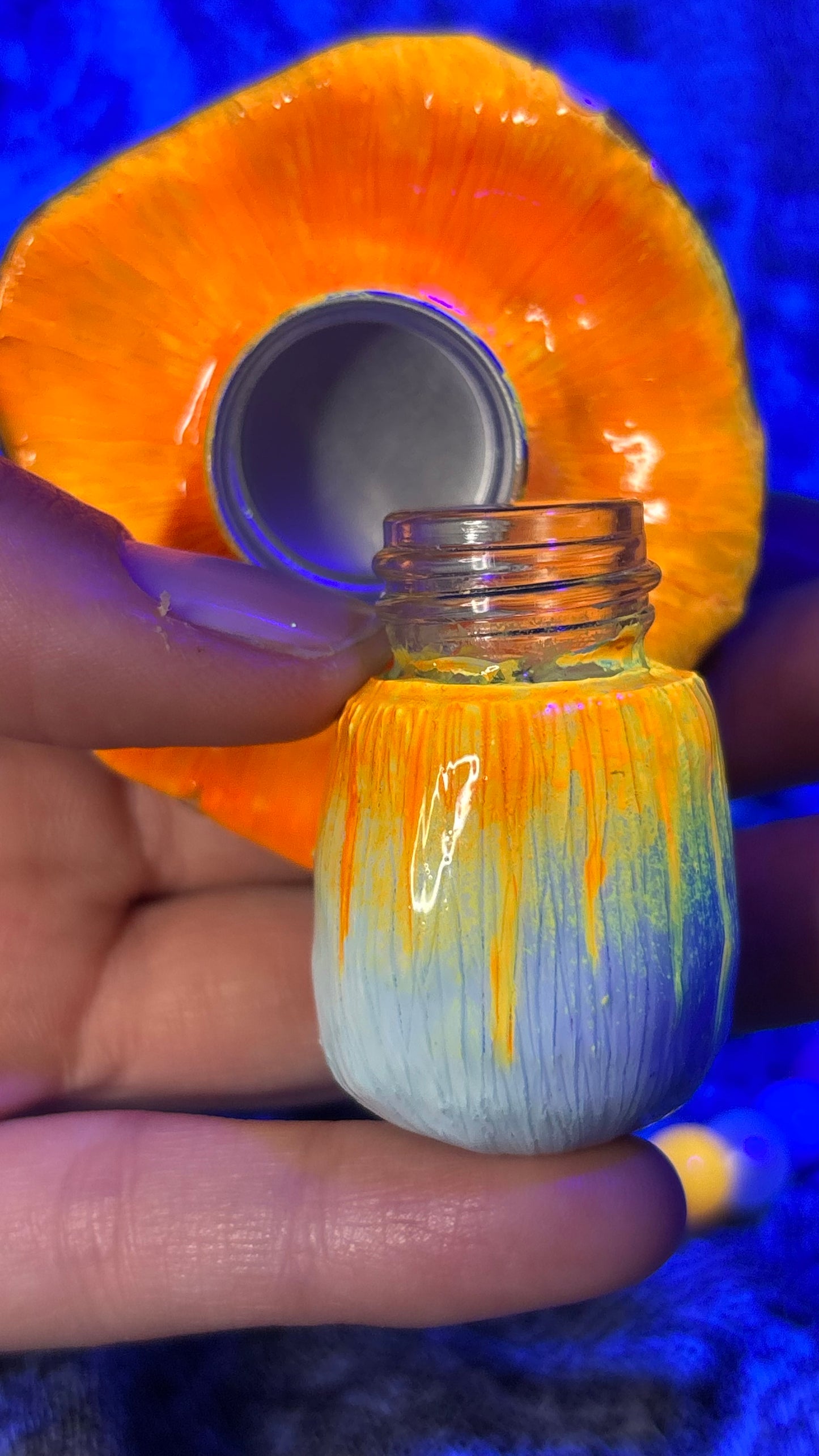 Blue/Orange Mushroom Stash Jar Necklace
